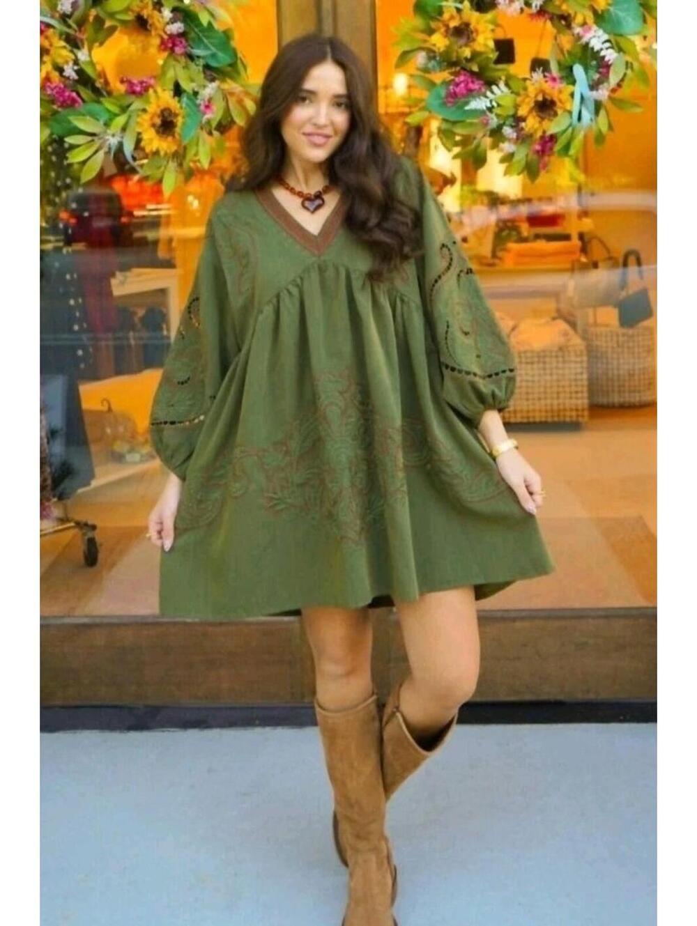 NEW Entro Kelce Embroidered Mini Dress Olive Small